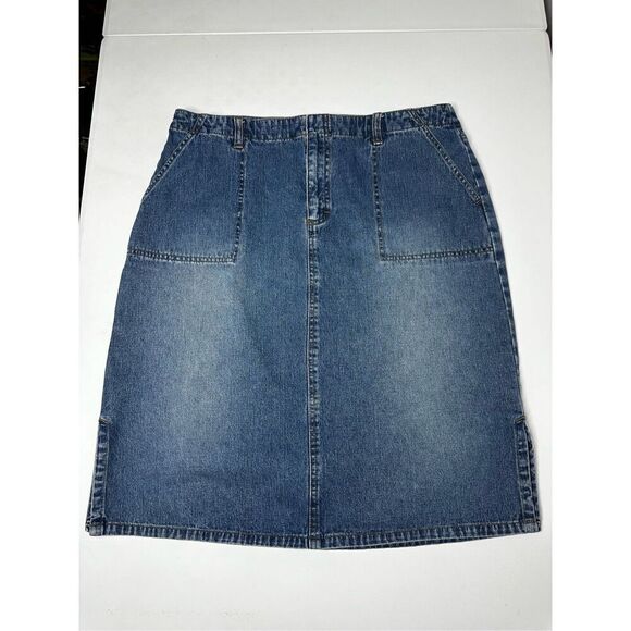 French Cuff Denim Skirt Size 14 Medium Wash Patch Pockets Y2K - Picture 1 of 9